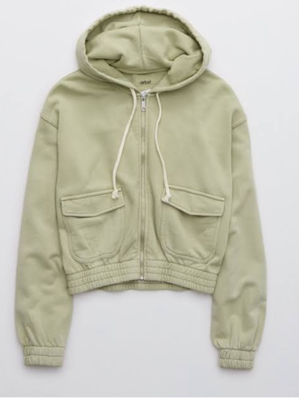 AE Aerie Sage Green Cropped Full Zip Hoodie Utility Cargo Pockets Size S Small